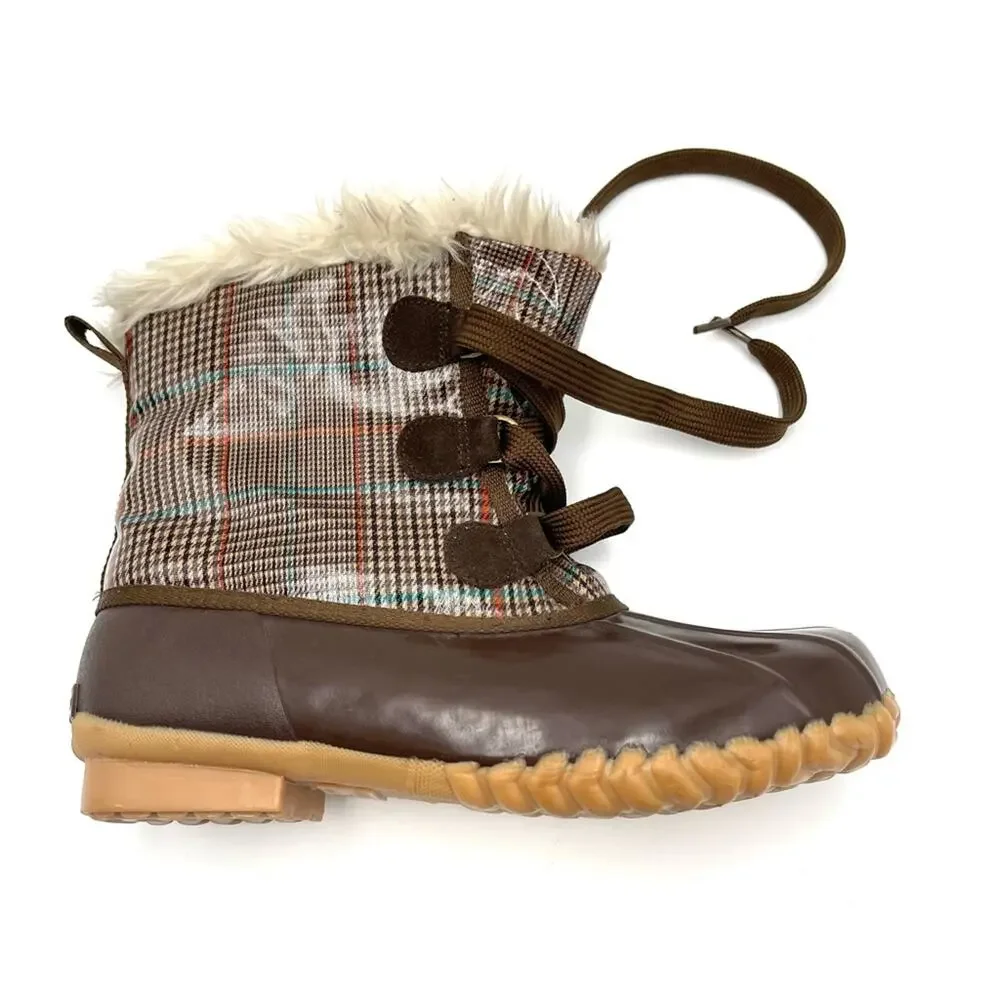 Sporto style kim4451902 women brown Plaid faux fur Lined Waterproof Duck Boots 8